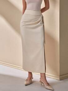 CLARA VERO Falda larga elegante de longitud media, con pliegues frontales laterales, de tela de concha ceñida con cinturón, para mujer, de unicolor, para primavera y verano