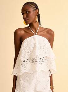 CAJUNI Camicetta estiva casual bianca da donna, a trama intrecciata ricamata, semi-trasparente, con collo alla halter e orlo a balze, adatta per spiaggia e resort