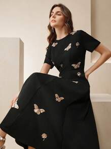 Anewsta Women's Fashion New Short-Sleeve Rhinestone & Sequin Butterfly Elegant Party Dress - Black - View 6