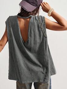 Bohemela Women's Plain Rivet Washed Loose T-Shirt, Western Music Festival Style Gray Tops Open Back Tops Open Back Shirts Gray Top Chain Top - Grey - View 6