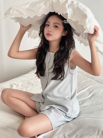 DAZY 2 件套青少年女童圆领条纹上衣 + 短裤睡衣套装，适合秋季、返校服装