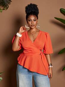 Maweii Plus Size Solid Color V-Neck Cross Wrap Elegant Short Sleeve Blouse - Orange - View 1