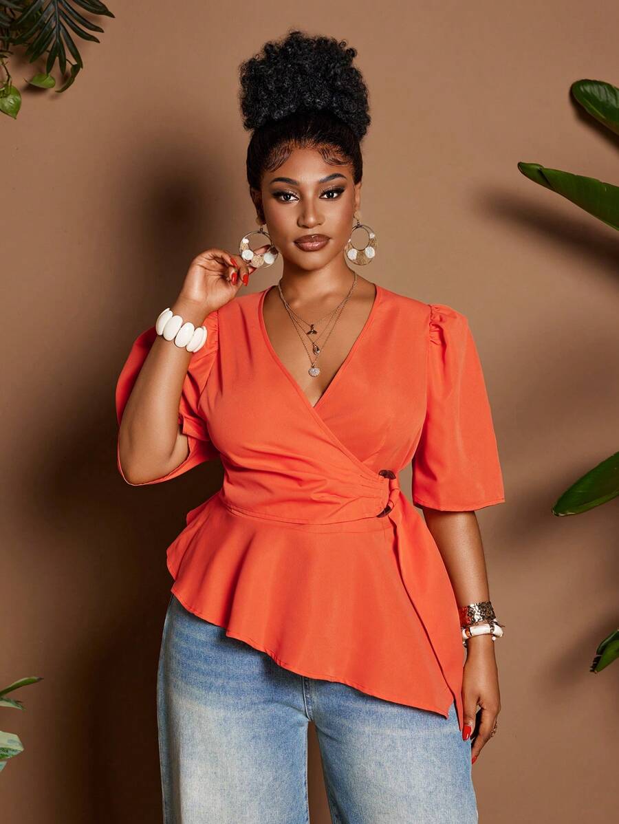 Maweii Plus Size Solid Color V-Neck Cross Wrap Elegant Short Sleeve Blouse - Orange - View 1
