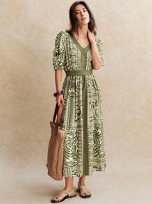 Écloséra V-Neck Print Color Block Bubble Short Sleeve Empire Waist Green Midi Dress, Casual Holiday Wear, Spring/Summer - Green - View 1