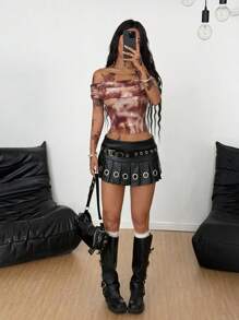 Coolane 女式秋季文艺复兴博览会狂欢街头服饰 Y2K 西部风情弹力棕色露肩扎染图案短袖上衣 - 咖啡棕 - 查看 5