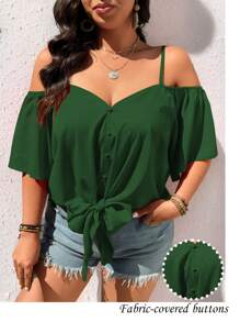 SHEIN LUNE Camisa de estilo retro con hombros descubiertos y nudo delantero, en unicolor, de moda y casual, talla grande - Verde Oscuro - Ver 4