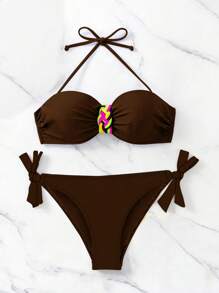 Swim Vcay Bộ đồ bơi bikini 2 mảnh gợi cảm buộc dây hở lưng bãi biển mùa hè cho nữ, nâng ngực và xếp ly, họa tiết ngẫu nhiên - màu nâu - Xem 6