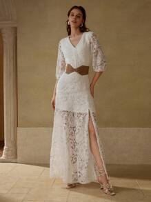 MOTF PREMIUM LACE BELTED DRESS - White - View 6