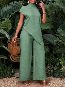 SHEIN Lady 大码女式纯色立领蝙蝠袖短袖不对称下摆衬衫和阔腿裤休闲两件套 - 薄荷綠 - 查看 8