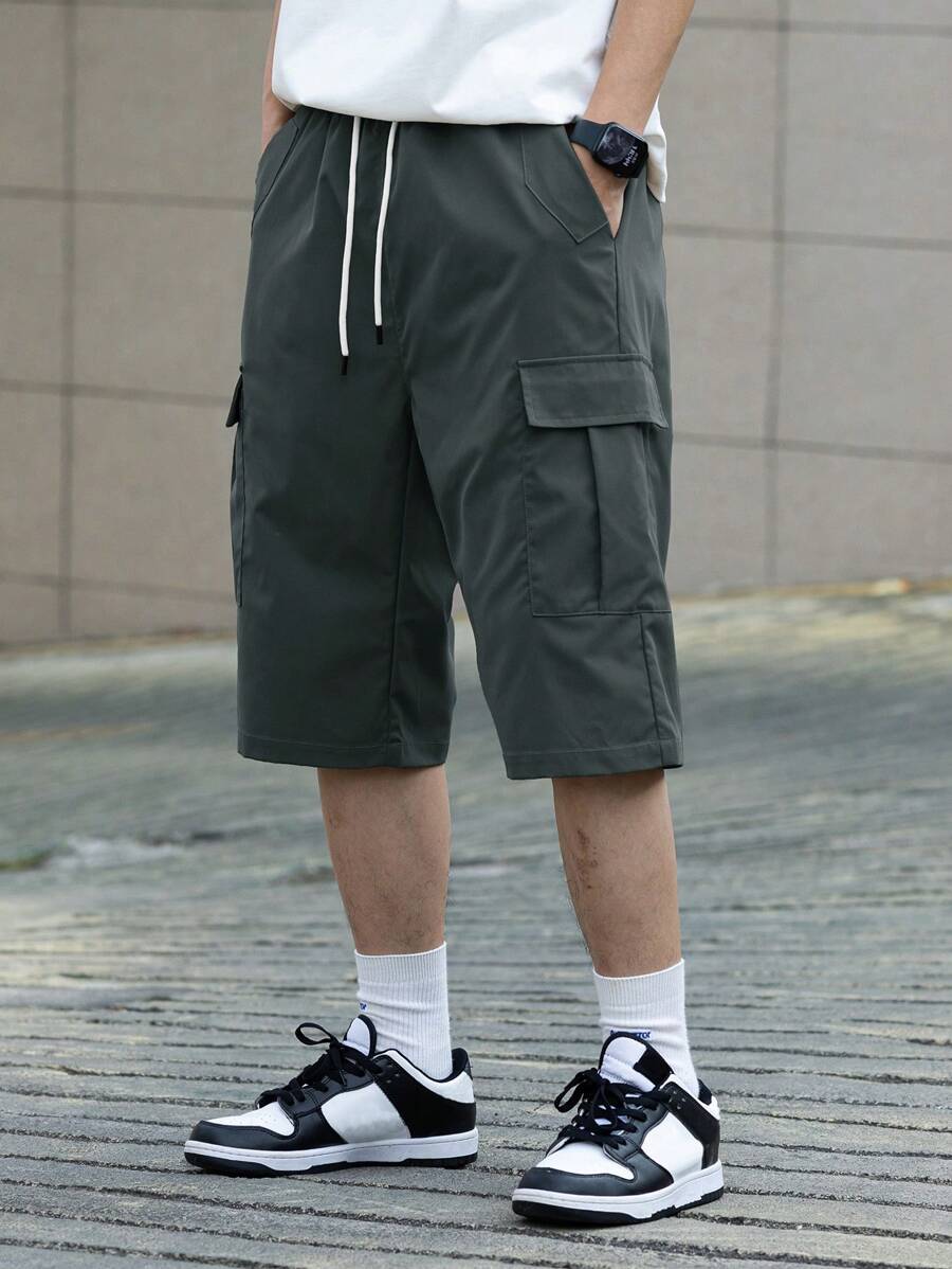 Claim Dot Men's Simple Casual Solid Color Drawstring Cargo Shorts - Grey - View 1