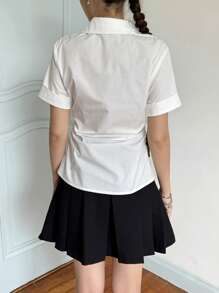 SHEIN Teen Girls' Casual Minimal Comfortable Turndown Collar Cinched Waist Short Sleeve Shirt - White - View 2