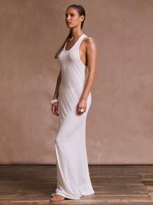 Musera Resort 工字背透明麻纱宽松无袖长裙罩衫夏季假期海滩优雅浪漫节日伊比沙岛西部新娘派对 - 白色 - 查看 3