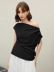 EMERY ROSE Blusa de viaje elegante de mujer con volantes en los hombros y color liso - Negro - Ver 1