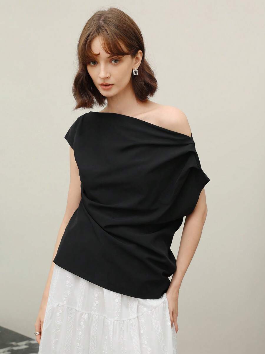 EMERY ROSE Blusa de viaje elegante de mujer con volantes en los hombros y color liso - Negro - Ver 1