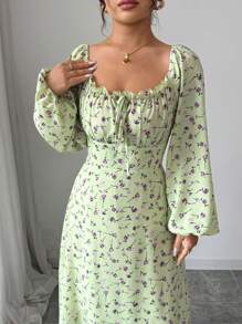 Modelyn 女士方领长款灯笼袖碎花休闲束腰夏季连衣裙 - 綠色 - 查看 5