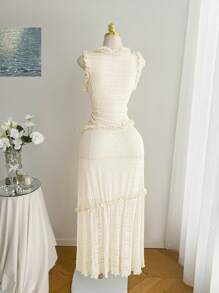 Comfortcana 夏季纯色荷叶边上衣和长款中长裙两件套休闲套装，大码可选，假日风格