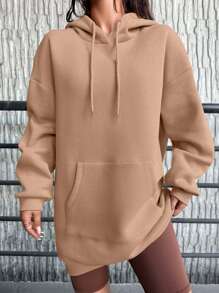 RueChic 棉质袋鼠口袋落肩抽绳保暖连帽衫 - 杏色 - 查看 5