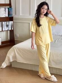 DAZY 青少年女孩休闲日常穿着圆领短袖上衣和裤子两件套睡衣套装 - 黃色 - 查看 2