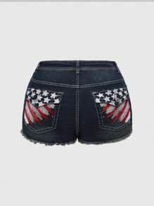ROMWE J-Fashion Shorts vaqueros slim fit de talle bajo con bordado de bandera americana, estilo vintage y streetwear "Y2K" para mujer de talla grande, para el 4 de julio