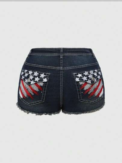 J-Fashion Pantaloncini di jeans aderenti a vita bassa di grandi dimensioni per donne in stile vintage Y2K, streetwear, con ricamo a bandiera americana, per il 4 luglio