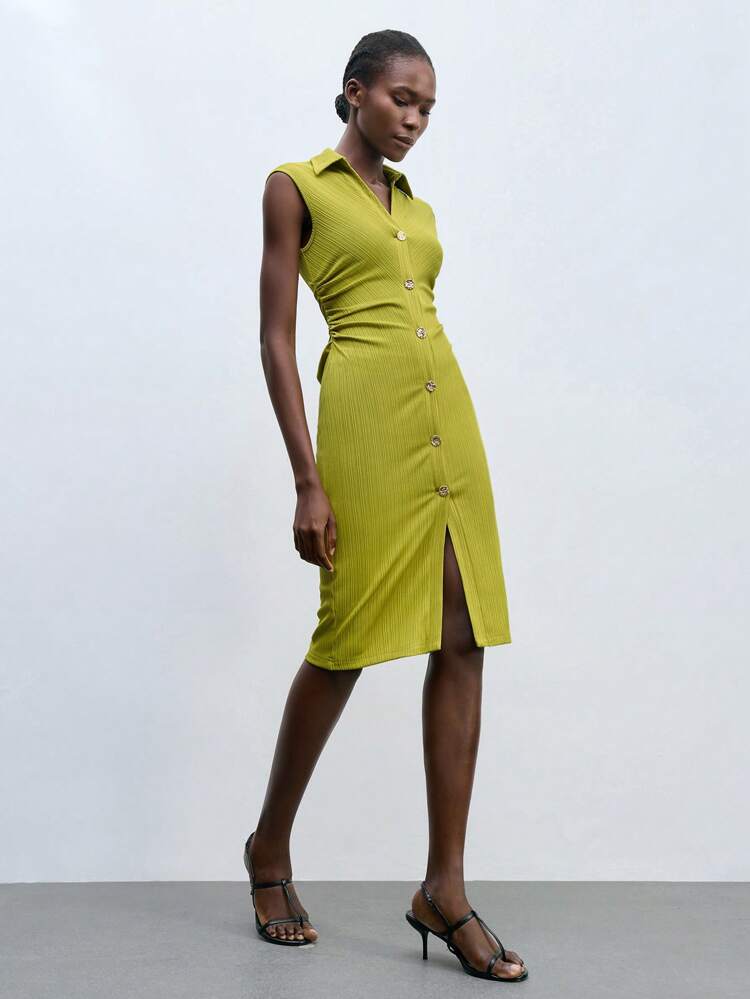 SHEIN Maija Green Shirt Collar Metal Button Detailed Slim Fit Midi Dress, Modern Urban Style For Summer Lime Green Midi Dress Women Slit Midi Dress Side Cut Out Midi Dress Chartreuse Midi Dress Green Midi Dress With Buttons