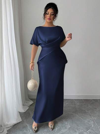 Elenzga 大码女式法式优雅奢华办公室、约会、通勤、休闲、度假、下午茶船领交叉腰鱼尾下摆二合一短袖缎面长裙，春夏