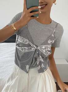 Livesso Splicing 2 In 1 Casual Short Sleeve Fitted Round Neck Summer Blouse For Women