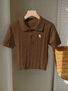 Comfortcana 女式棕色短袖休闲针织上衣，夏季 - 棕色 - 查看 4