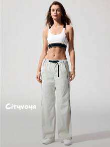 Menodora SHEIN Sport Quần ống đứng dệt thoi màu trơn đơn giản cho nữ - Màu Xám nhạt - Xem 2