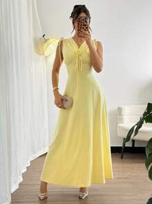 Modelyn 女式法式简约 V 领抽绳腰褶饰花裙，迷人优雅的夏季 - 黃色 - 查看 5