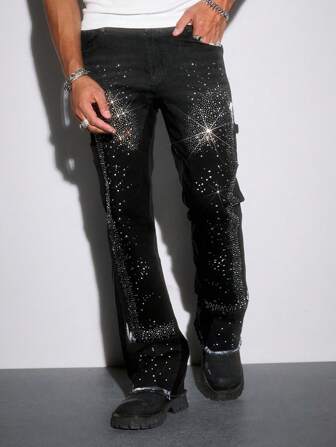 Street Life Herren Alltags Lässig Jeans mit Strass-Patches an den Taschen