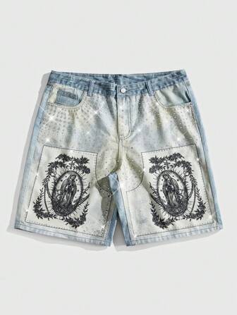 Street Life Short en jean à imprimé numérique mode Vierge Marie gothique pour hommes, Halloween