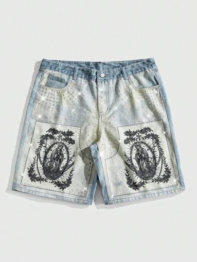 Street Life Men's Goth Virgin Mary Fashion Digital Printed Denim Shorts, Halloween