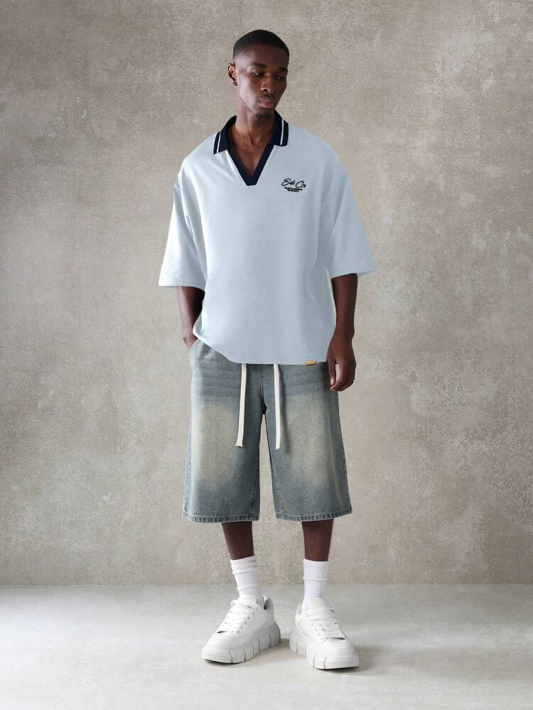 Relaxed Fit Cotton Blend V Neck Short Sleeve Polo