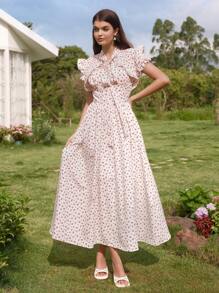 Modelyn Women's Ditsy Floral Tie Collar Bubble Short Sleeve Vacation Dress