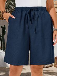 EMERY ROSE Plus Size Women Solid Bermuda Shorts, Relaxed Fit Knee Length Mid-Waist Basic Style, Summer - Navy Blue - View 7