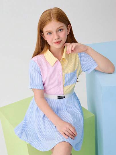 Leap Crew Leap Crew Conjunto casual de 2 piezas para niñas preadolescentes con camisa de bloques de color en rayas trenzadas y falda plisada en colores de macarrón, adecuado para primavera y verano, salidas de primavera, campo, té en el jardín, salidas casuales, regreso a la escuela