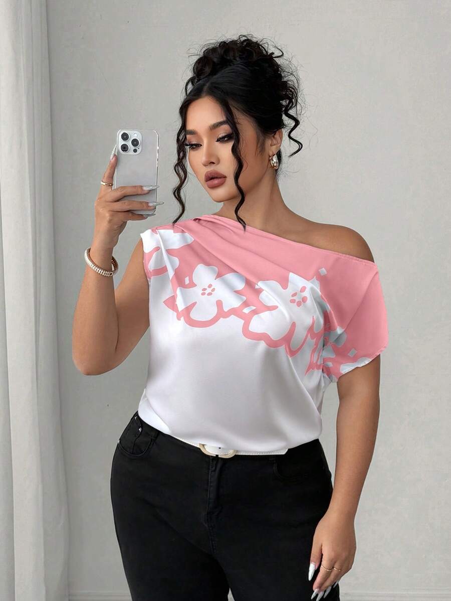 Elenzga Plus Size Asymmetric Collar Ruched Print Short Sleeve Blouse, Summer - Pink - View 1