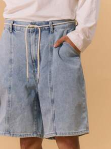 Musero 工装风长款牛仔短裤，纽扣开合，腰带环设计，适合春夏度假穿着 - 藍色 - 查看 5