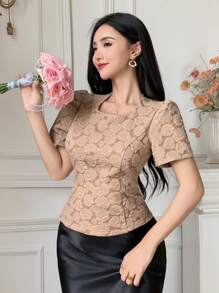 DAZY 优雅简约紧身泡泡袖女式衬衫，返校服装 - 卡其色 - 查看 7