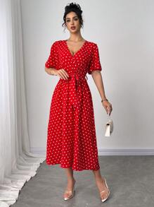 SHEIN LUNE Polka Dot Print V-Neck Tie Waist Elegant Short Sleeve Dress - Red - View 6