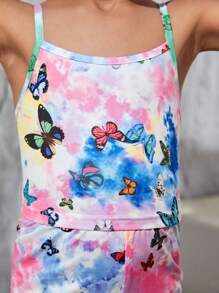 SHEIN Leap Crew 少女蝴蝶印花扎染背心上衣和短褲