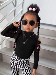 SHEIN Young Girls' Fashion Knit Solid Color Mock Neck Cold Shoulder Long Sleeve Top - Black - View 8