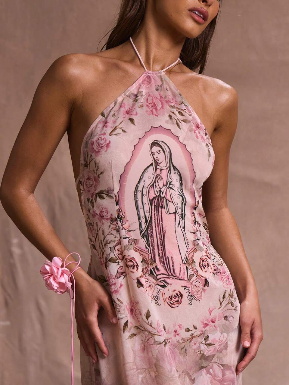 Pink Printed Mesh Halterneck Strappy Maxi