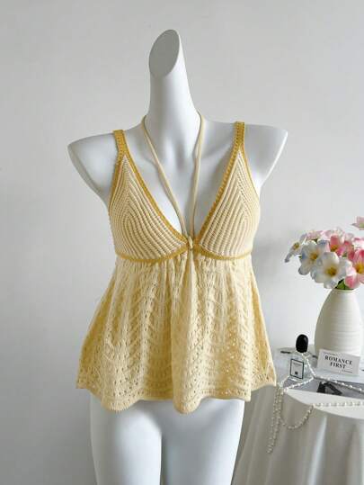 Sweetra Women's Sweet Sleeveless Solid Color Crochet Knit Crop Top, Suitable For Summer & Autumn