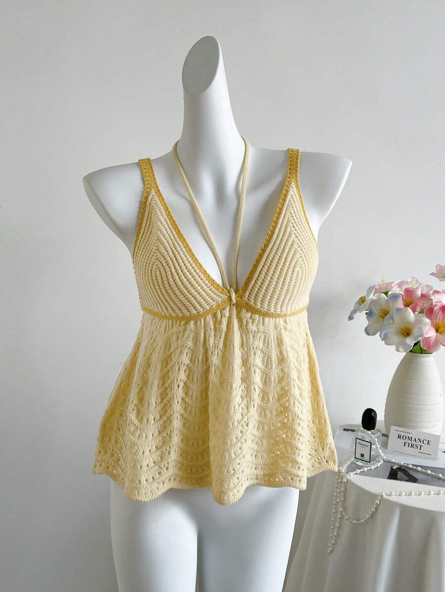 Sweetra Women's Sweet Sleeveless Solid Color Crochet Knit Crop Top, Suitable For Summer & Autumn - Yellow - View 1