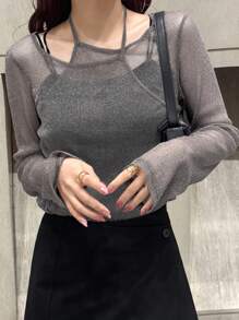 FRIFUL 女式长袖薄纱网眼多层透视衬衫，秋季 - 深灰色 - 查看 3