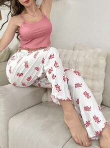 SHEIN Casual Underwear&Sleepwear 纯色吊带背心和印花睡裤女士睡衣套装 - 粉色 - 查看 4