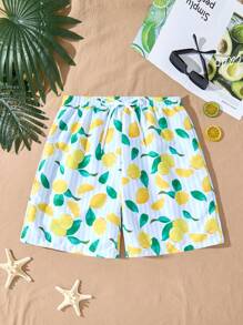 Men's Fresh Lemon Print Woven Fabric Casual Beach Shorts, Summer, Hawaiian