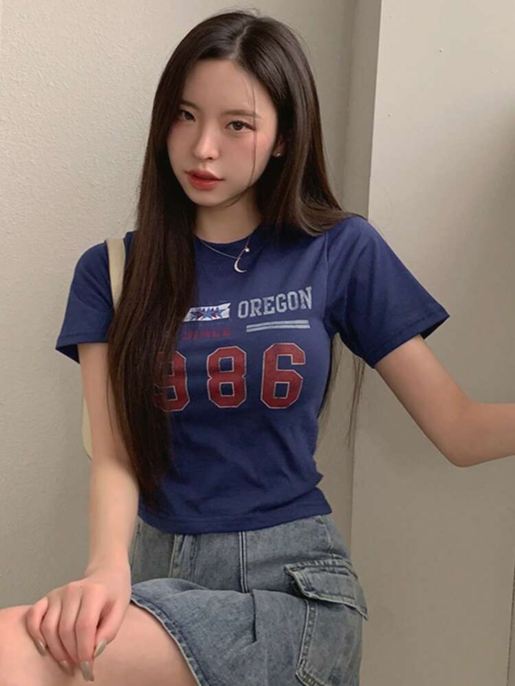Women Sports Style Round Neck Short Letter Print T-Shirt,Crop Tops Women,Graphic Tees